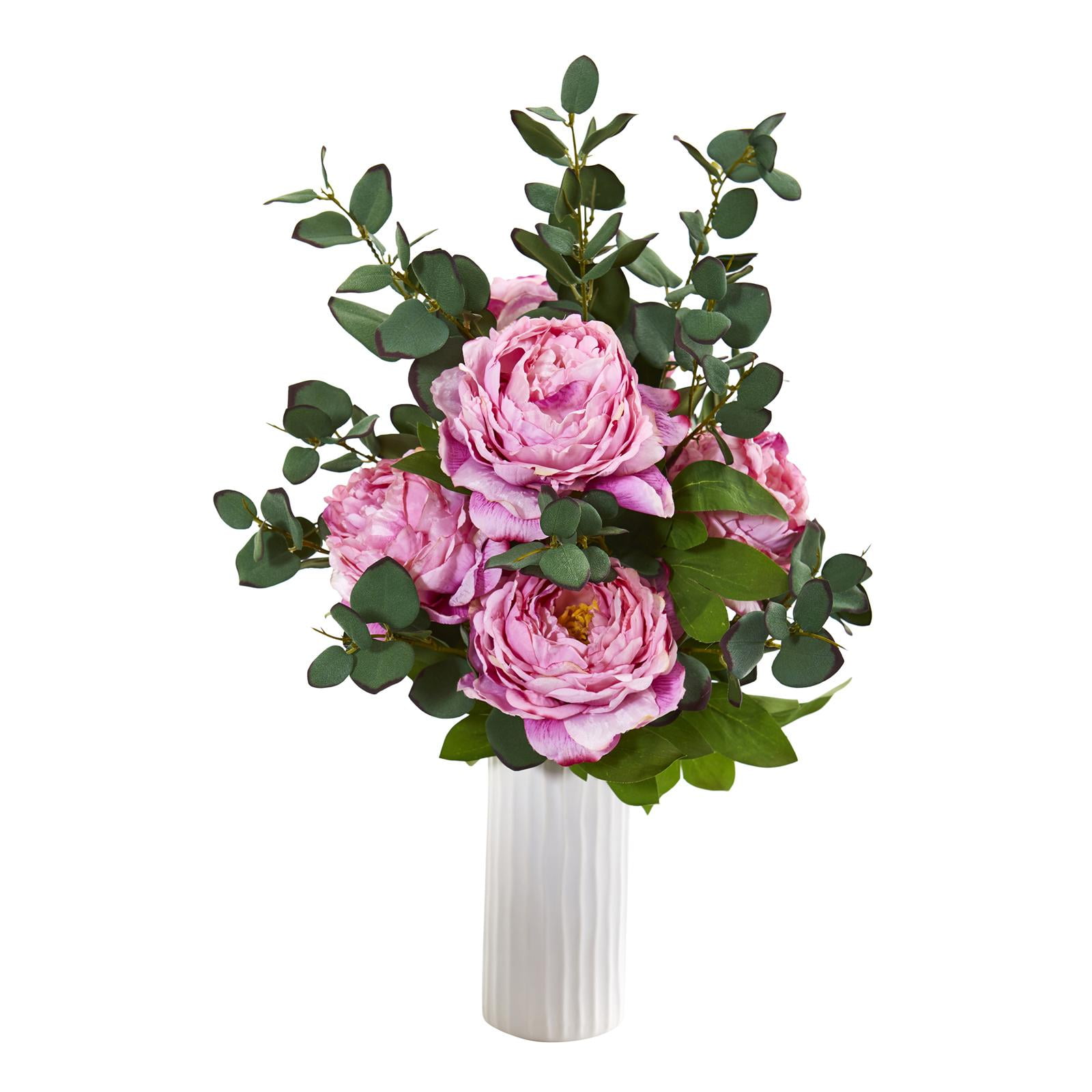 Nearly Natural Peony Artificial Arrangement in White Vase 