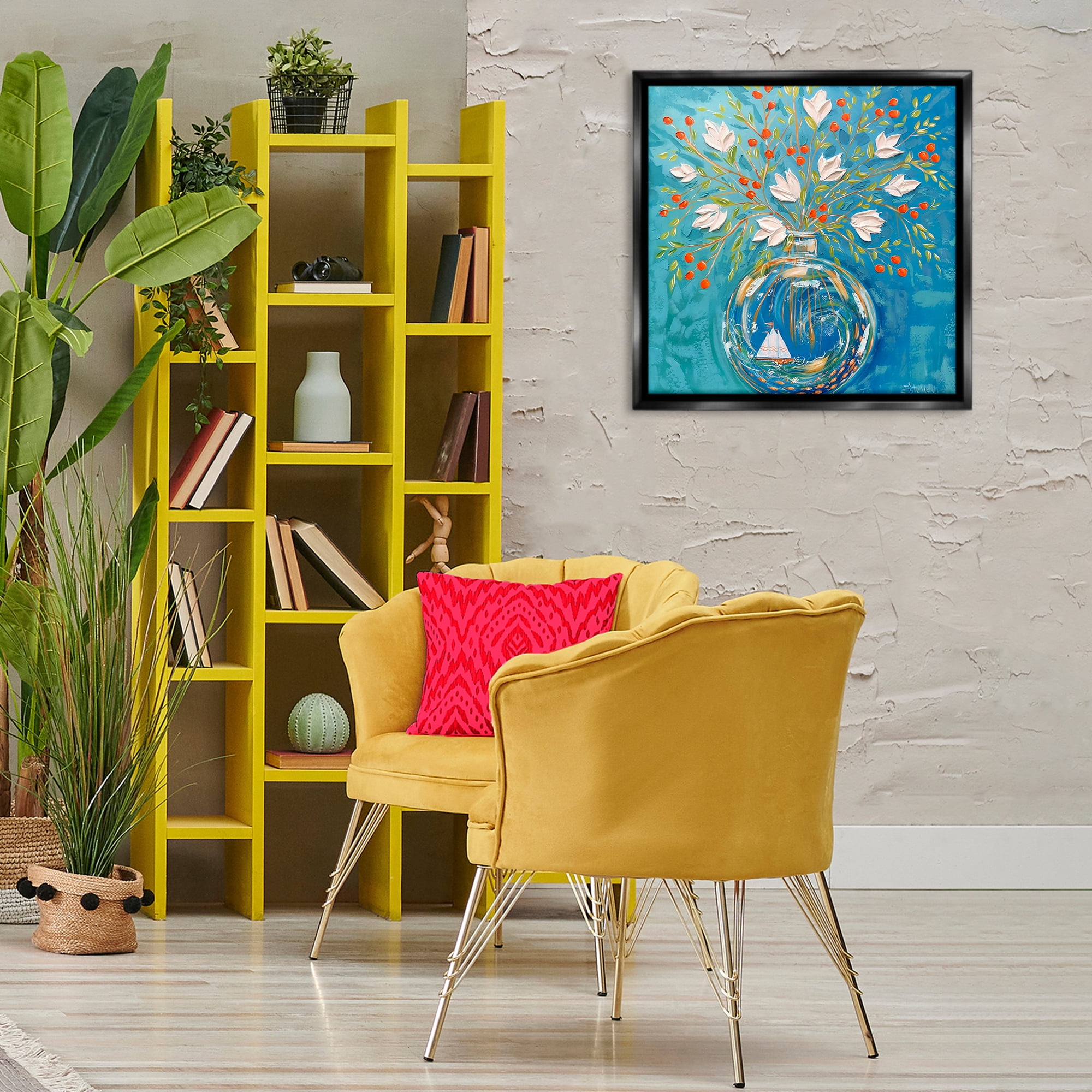 Stupell Industries Sailing Ship Flower Vase Plants & Flowers Painting Black Floater Framed Canvas Art Print Wall Art, 25 x 25
