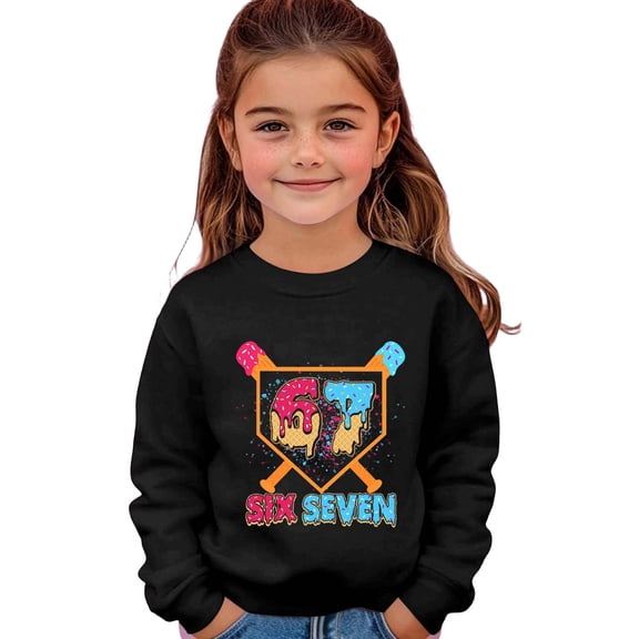 Tisuna Crewneck Sweatshirt For Girls Child 67 Print Long Sleeve Pullover Tops Fashion Breathable Kids Spring Autumn Casual Wear Size 2-3 Years Black