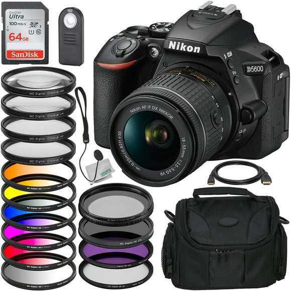 Nikon Appareil Photo D5600 DSLR avec Objectif AF-P DX NIKKOR 18-55mm f/3.5-5.6G VR & Accessoire Essentiel, SanDisk Ultra 64GB SDXC, Télécommande Infrarouge Sans Fil & Bien Plus Encore