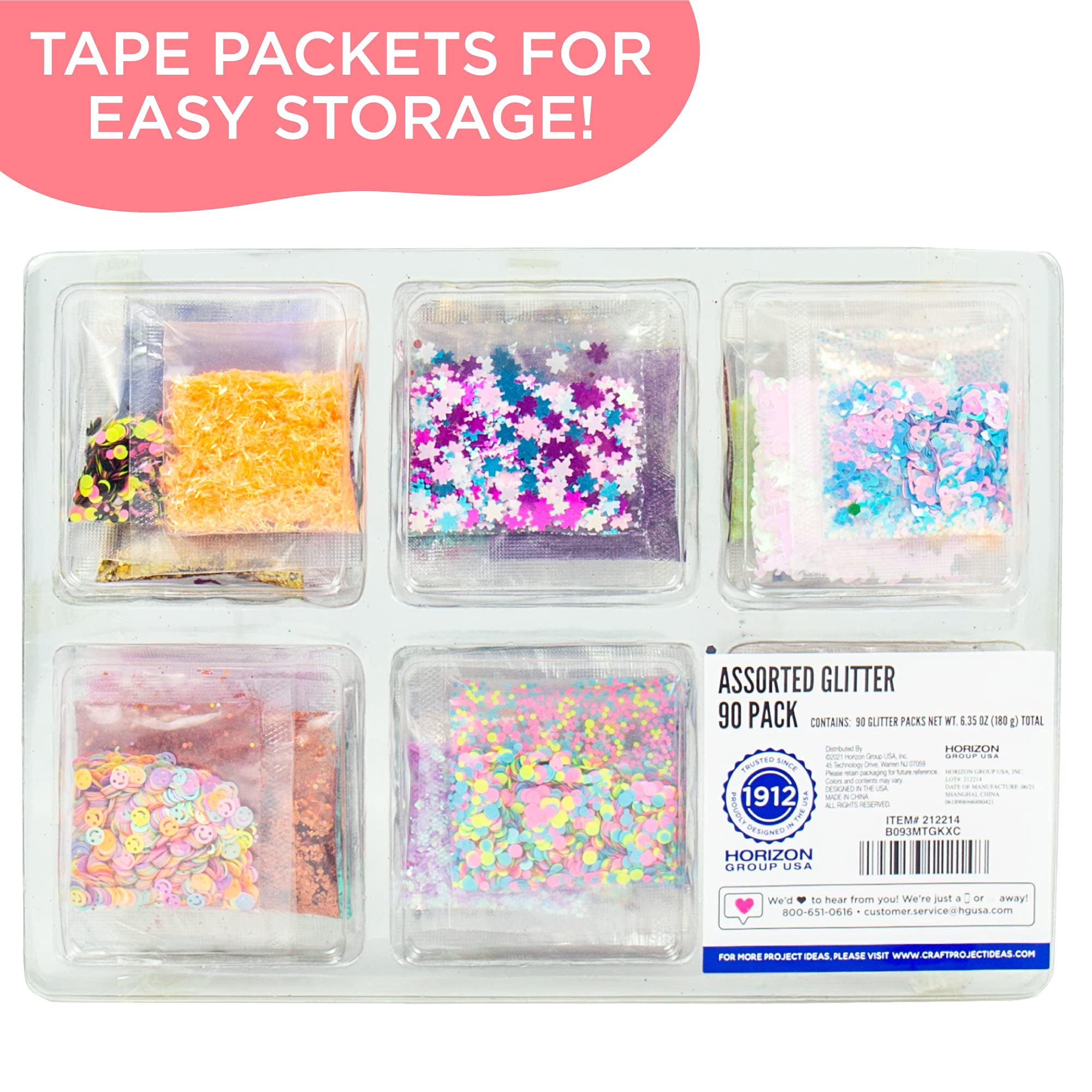 Horizon Group USA Assorted Glitter 90 Pack, Includes Fine, Neon Glitter, Shapes, Foil Glitter & More, Great For Resin Projects, Group Arts and Crafts, DIY Projects, Back to School Supplies & Art Class Glitter 90-Pack