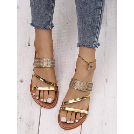 

Women s Metallic Open Toe Flat Slide Sandals Casual Summer Fashion Walking Slippers Shoes Gold CN37(6.5)