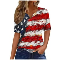 Womens 4Th of July Summer Tops Henley Neck Tee Short Sleeve T Shirts Pullover Sweater Blouses Usa Flag Star Stripe Top Vintage Causal T-Shirts Holiday Beach Party Outfits