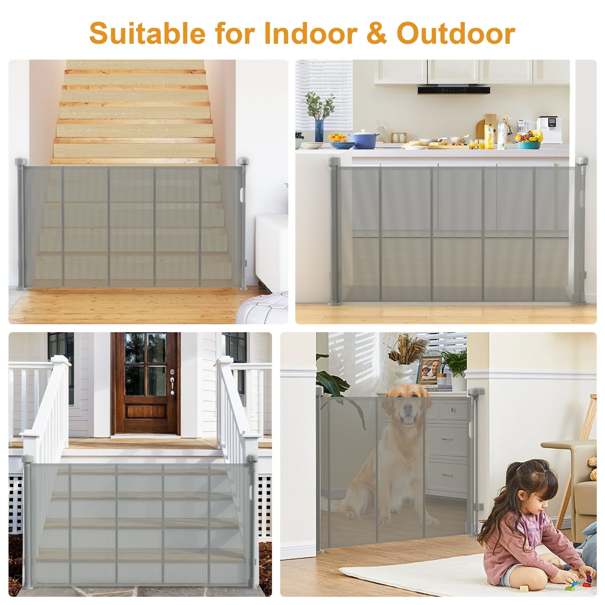 Vomeast 71in Extra Wide Retractable Baby Gates with Support Rods,Dog Gates for Doorways Stairs Hallways(Grey)