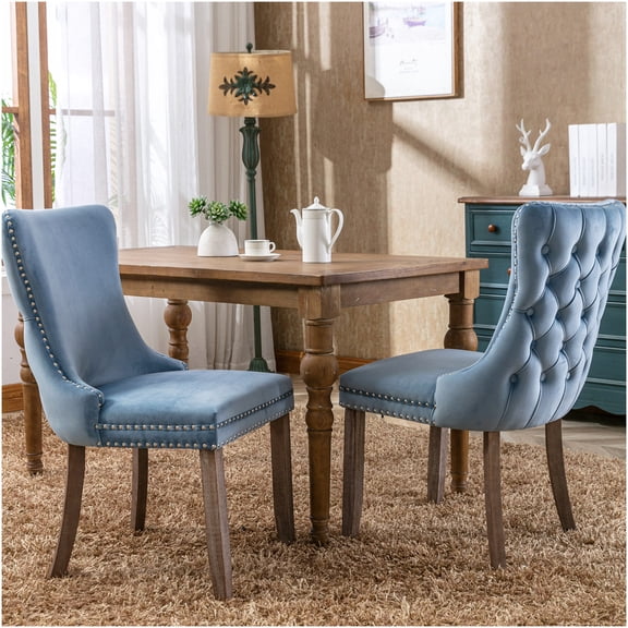 Velvet Upholstered Wingback Dining Chairs Set of 2 with Nailhead Trim and Solid Wood Legs for Elegant Dining Room