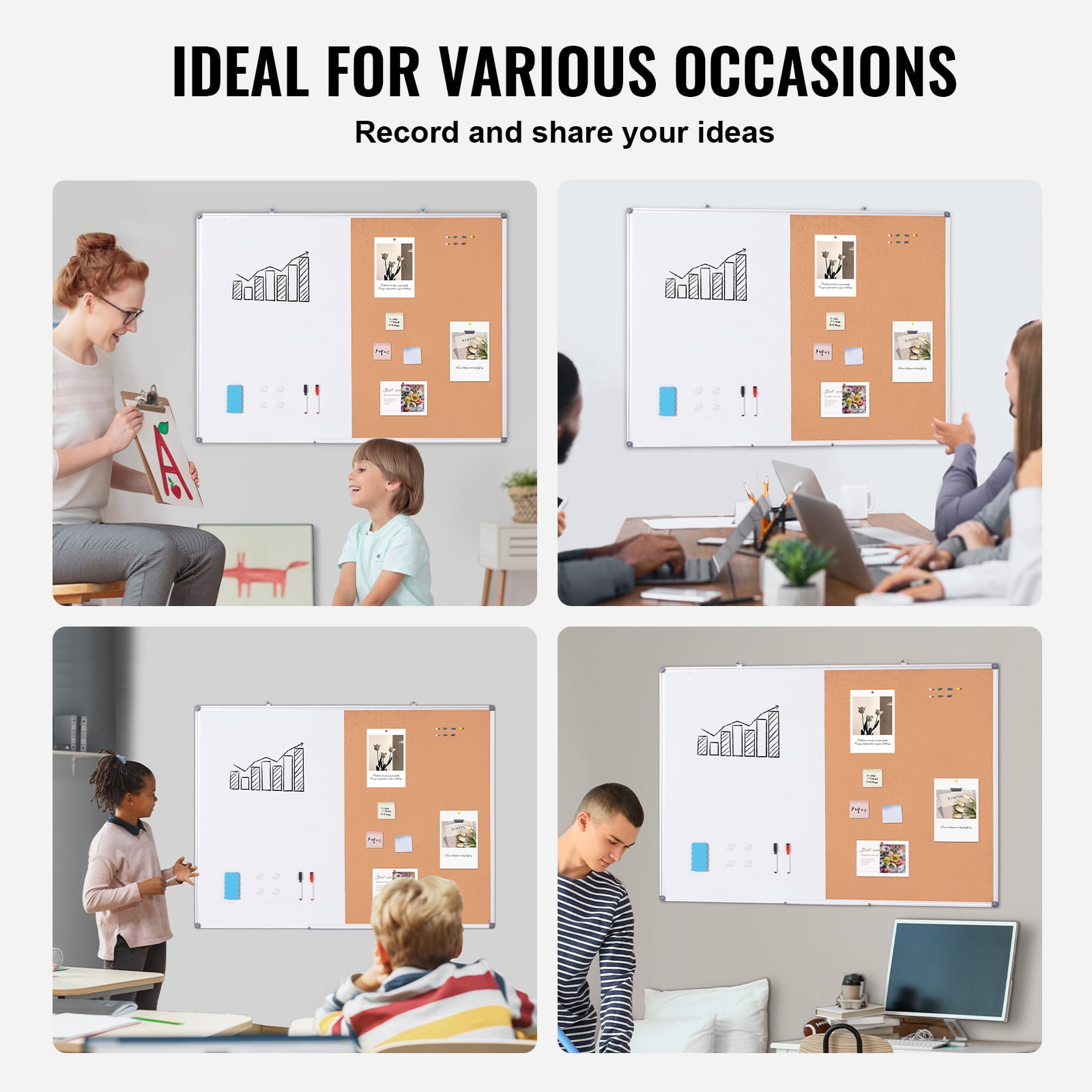 KFFKFF 48"x 36" Dual-Function Whiteboard & Cork Board with Aluminum Border – Magnetic Dry Erase Notice Board for Wall Installation – Suitable for Educational Institutions, Residences, Workplaces