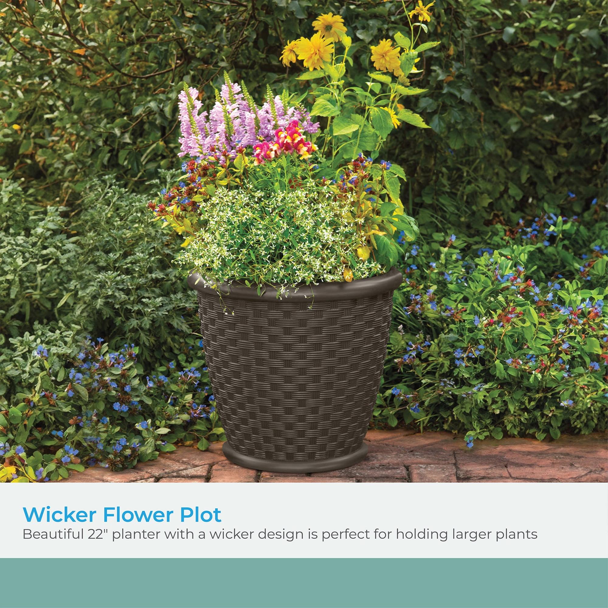 Suncast Sonora 22 Inch Resin Wicker Decorative Garden Flower Planter, Brown