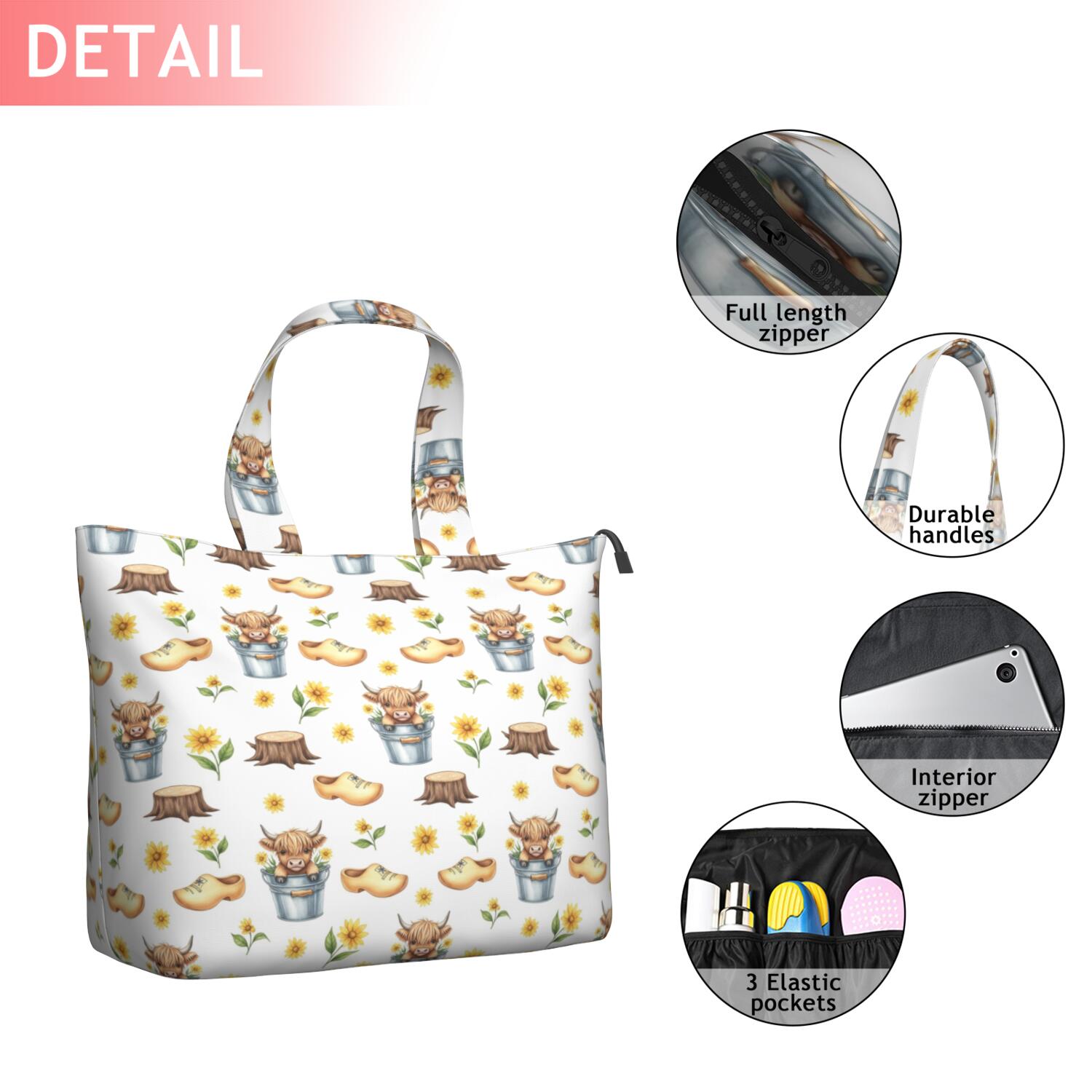 Highland Cow Bucket Flower Shoe Pattern Travel Tote Bags for Women Carry On,Large Weekender Bags for Women Travel,Multi Functional Duffle Bag for Work,Shopping,Sports