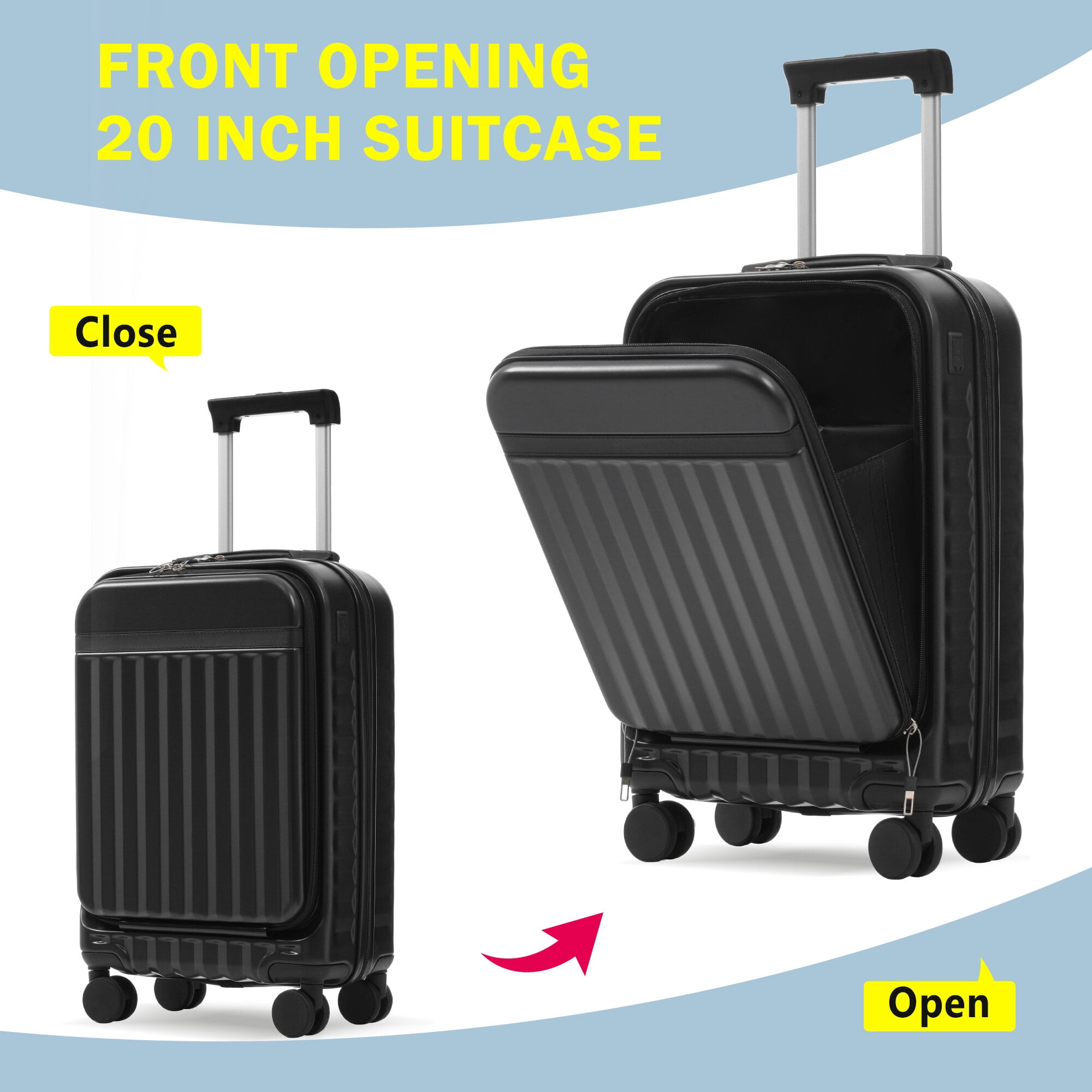 Hard Shell Luggage Front Opening Luggage Set 3 Piece, Hardside Carry on Suitcase with USB Port, Expandable Luggage with Handle Bag Spinner Wheels TSA Lock,Carry On Hard Shell Luggage