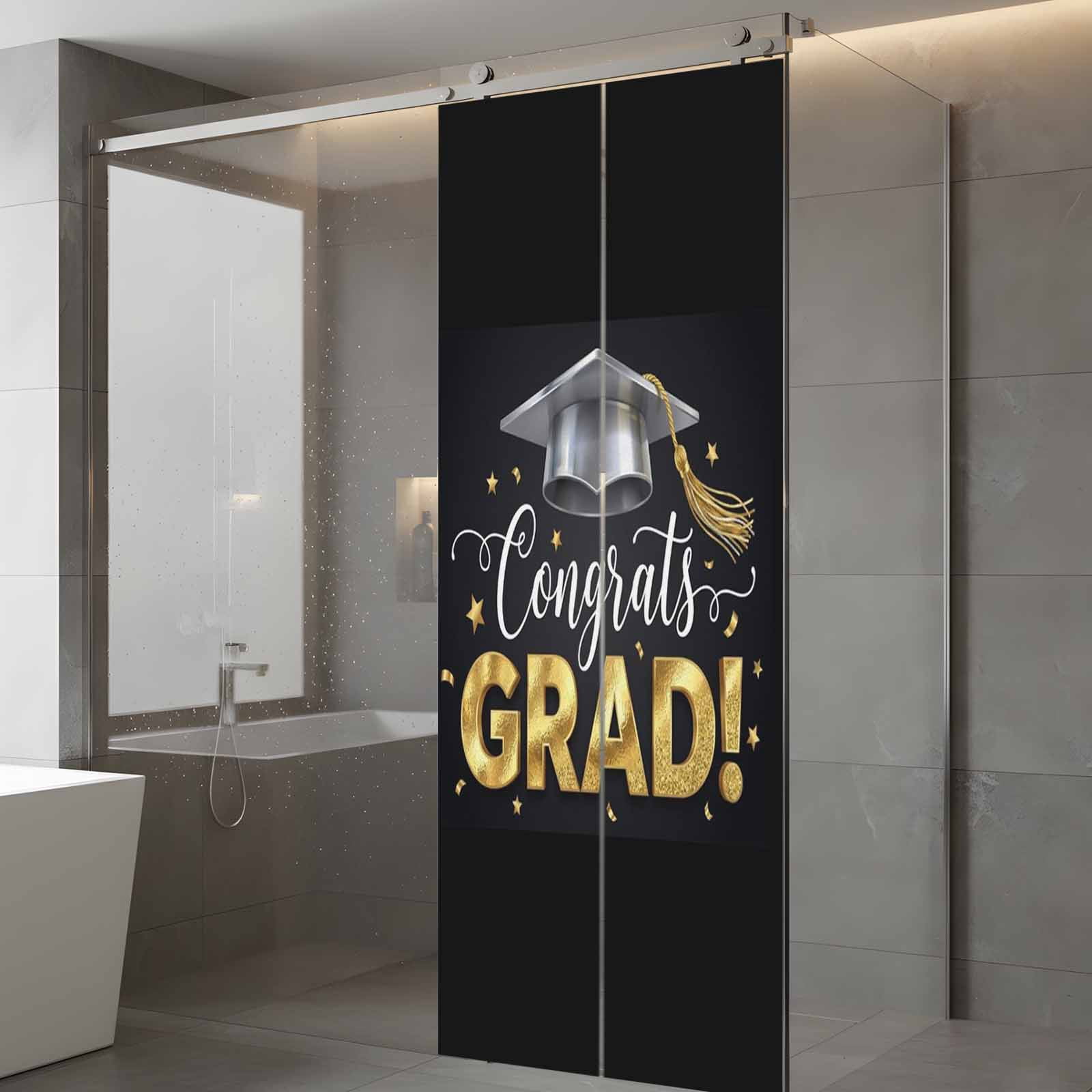 Graduate Season Window Privacy Film, Congrats Grad Bachelor's Cap Celebration Black Frosted Glass Window Clings Static Cling UV Heat Blocking Reusable Door Sticker for Bathroom 23.6 x 59 Inch