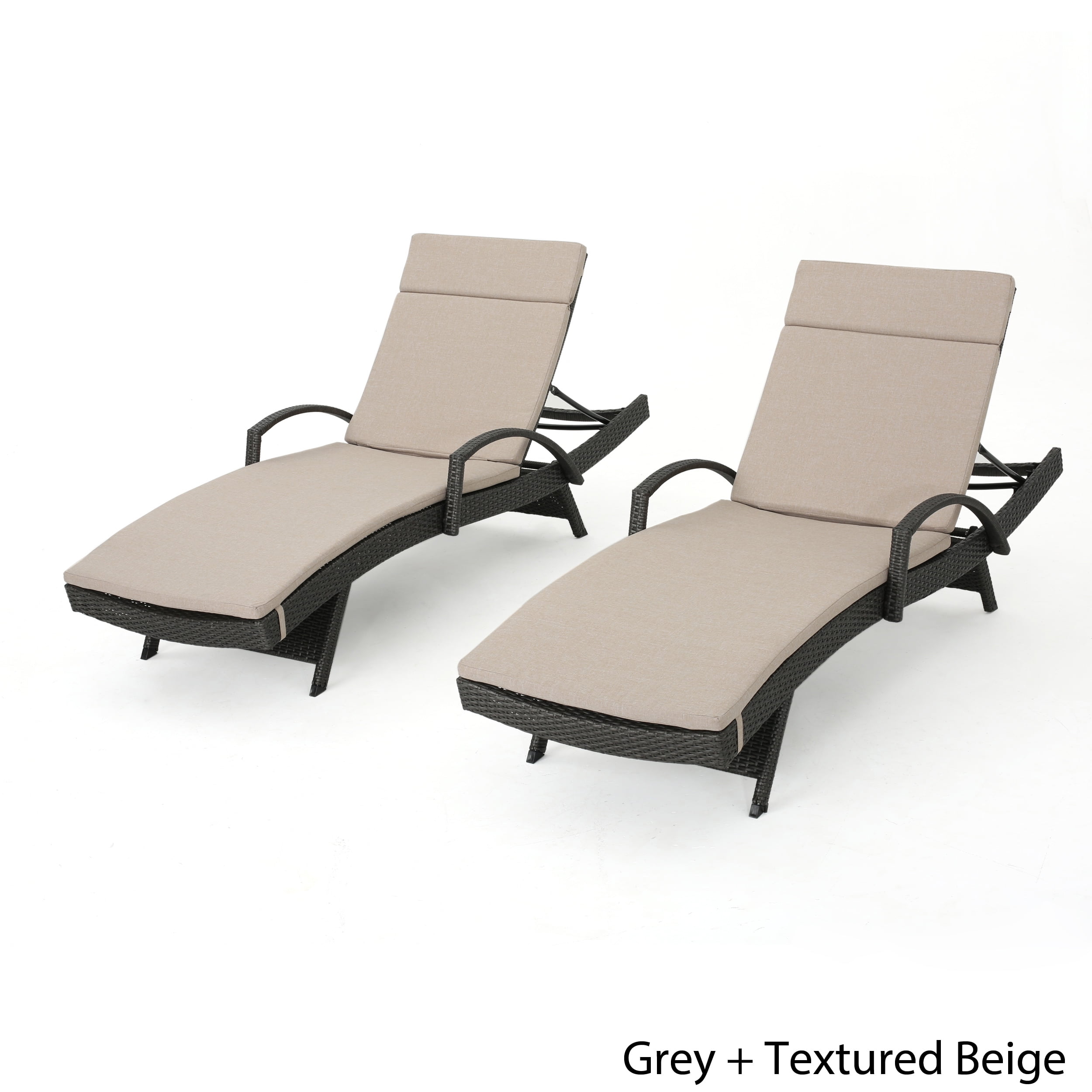 Anthony Outdoor Wicker Armed Chaise Lounges with Cushions, Set of 2, Grey, Textured Beige