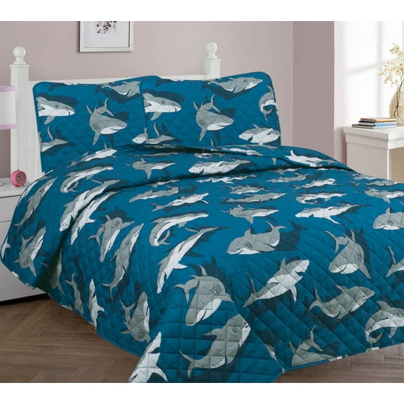 FULL SHARK OLD Bed Kids Coverlet Bedspread Quilted Set with Pillow Shams