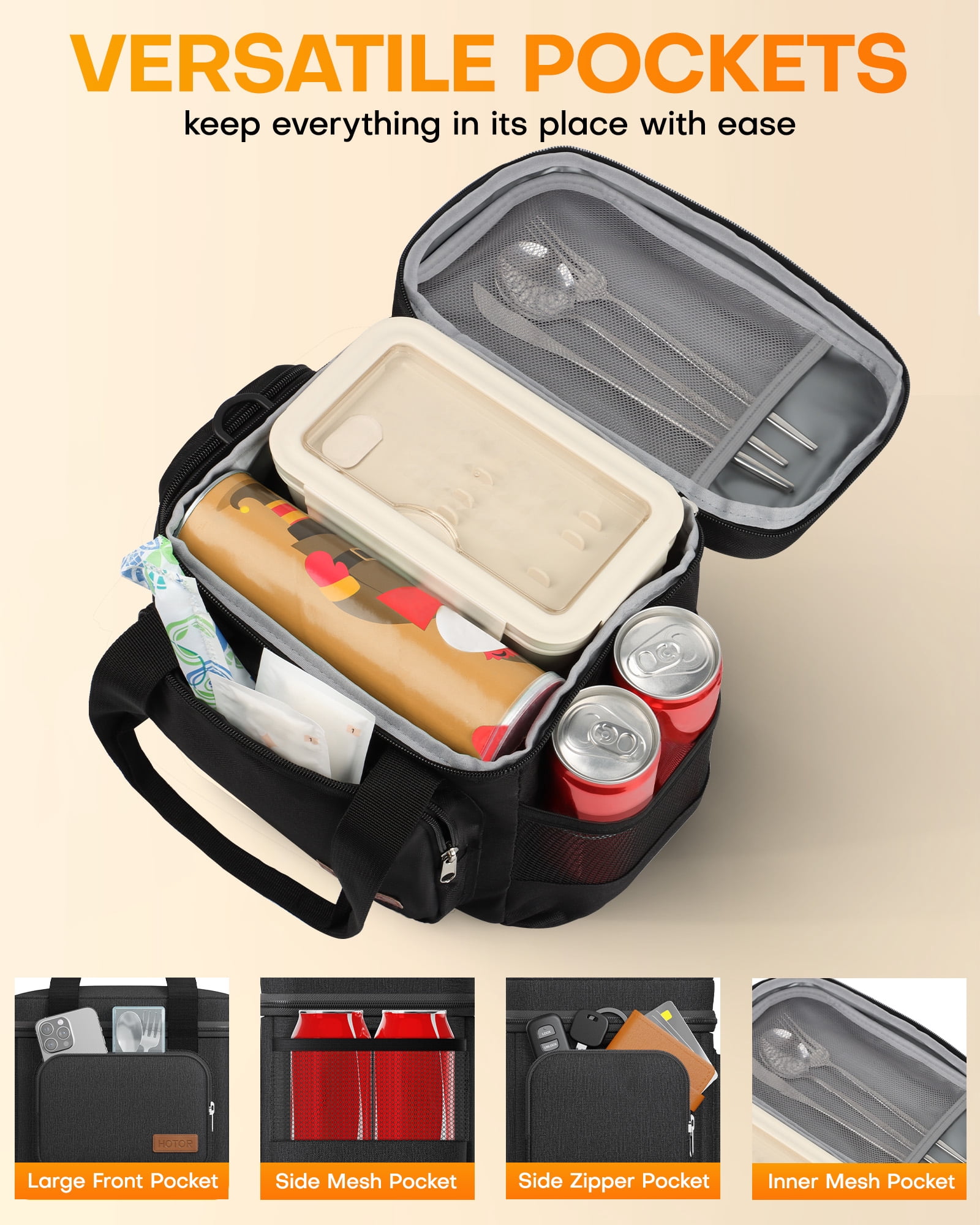 HOTOR Insulated Lunch Box, Leak-Proof Cooler Bag with Adjustable Strap & Multiple Pockets, 9.8" x 8.7" x 5.9", Black