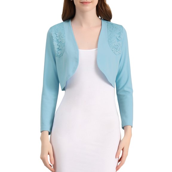 Allegra K Women's Elegant Crop Cardigan Long Sleeve Floral Lace Panel Knit Shrug Tops