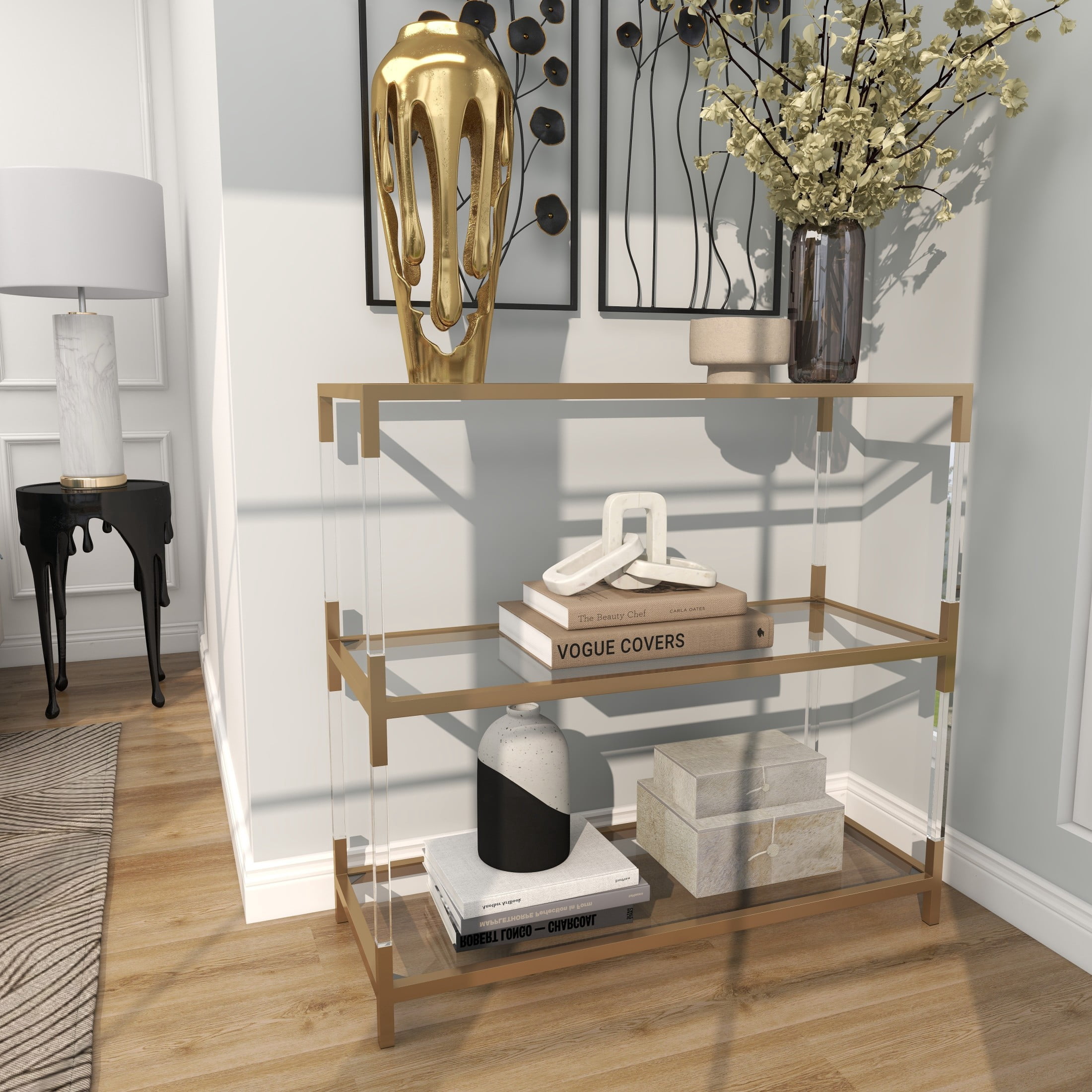 DecMode 38" x 36" Gold Metal 2 Shelf Console Table with Clear Glass Top and Acrylic Legs, 1-Piece