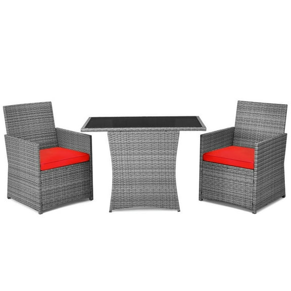 Canddidliike 3 Pieces Patio PE Rattan Furniture Set with 2 Ergonomic Chairs , Space-Saving Outdoor Conversation Set with Cushioned Armrest Sofa, Patio Bistro Set for Outdoor, Red