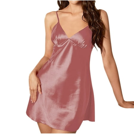 Big Sales juhao Women Satin Nightgown Silk Full Slip Chemise Mini Nightgown Comfy V Neck Adjustable Straps Woman Lingerie Dress