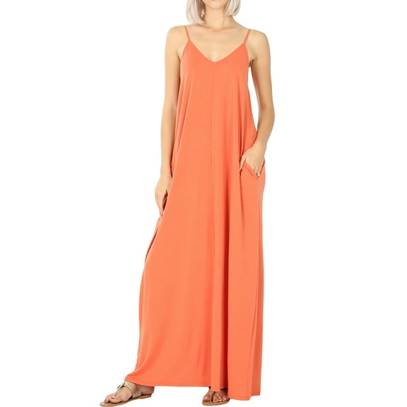 Zenana Women's V-Neck Draped Jersey Beach Summer Cami Long Maxi Dress with Side Pockets