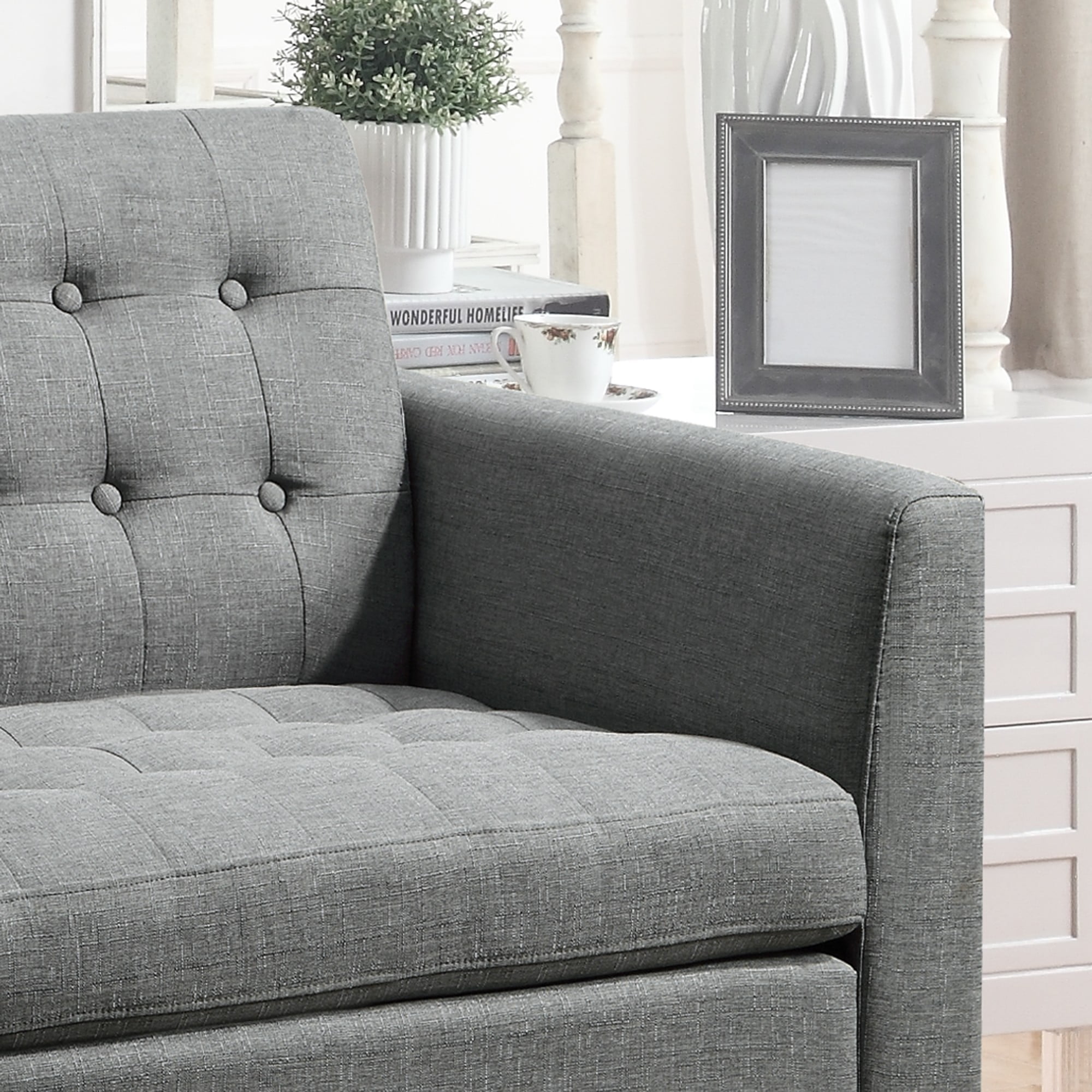 Gewnee Grey 68-Inch Linen Loveseat Sofa - 2-Seater Upholstered Couch with Solid Rubberwood Legs, 100% Linen Fabric & Button-Tufted Backrest for Living Room/Bedroom