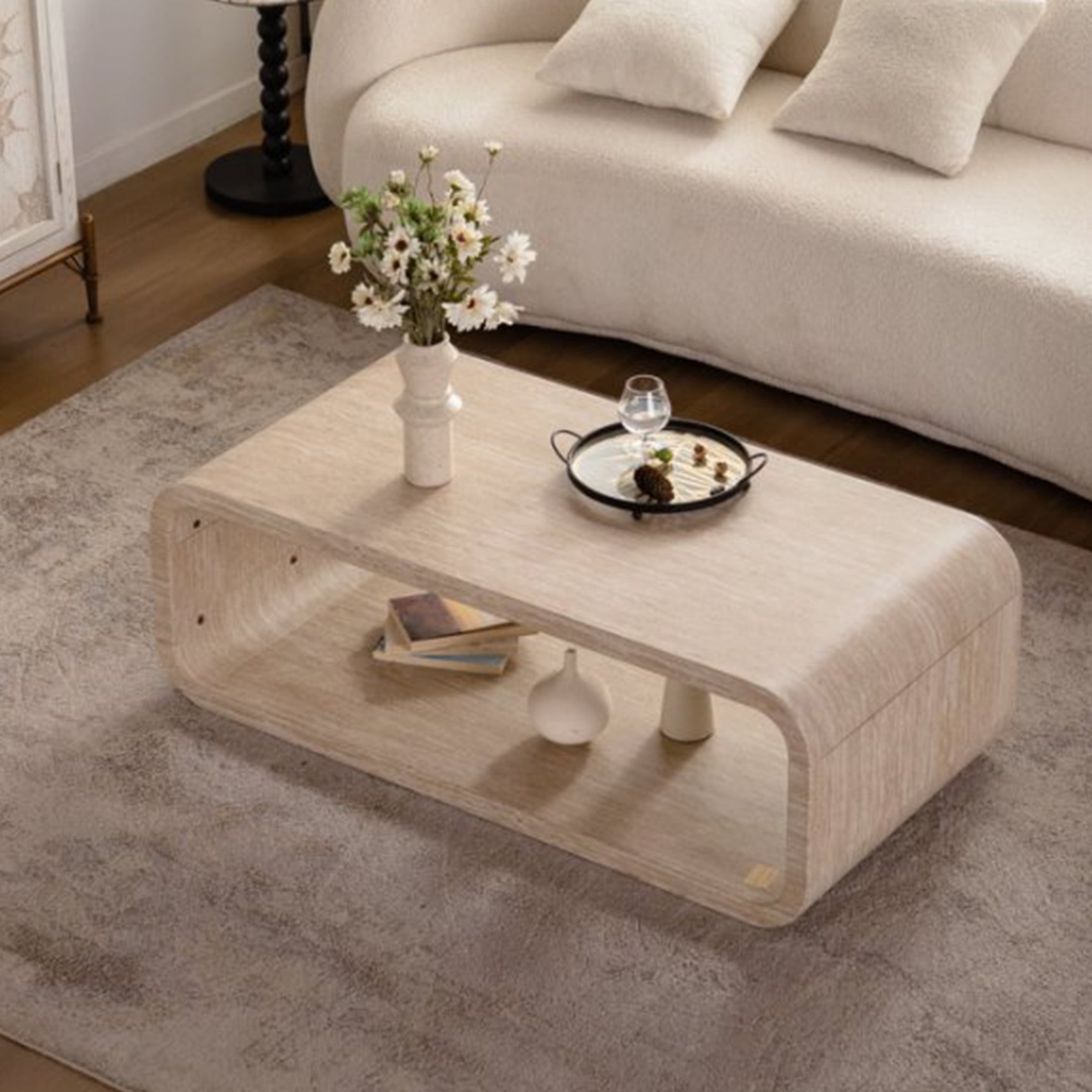 Noble House Dyani 47" Elegant Curved Coffee Table with Open Storage Shelf, for Contemporary Living Room, Amber
