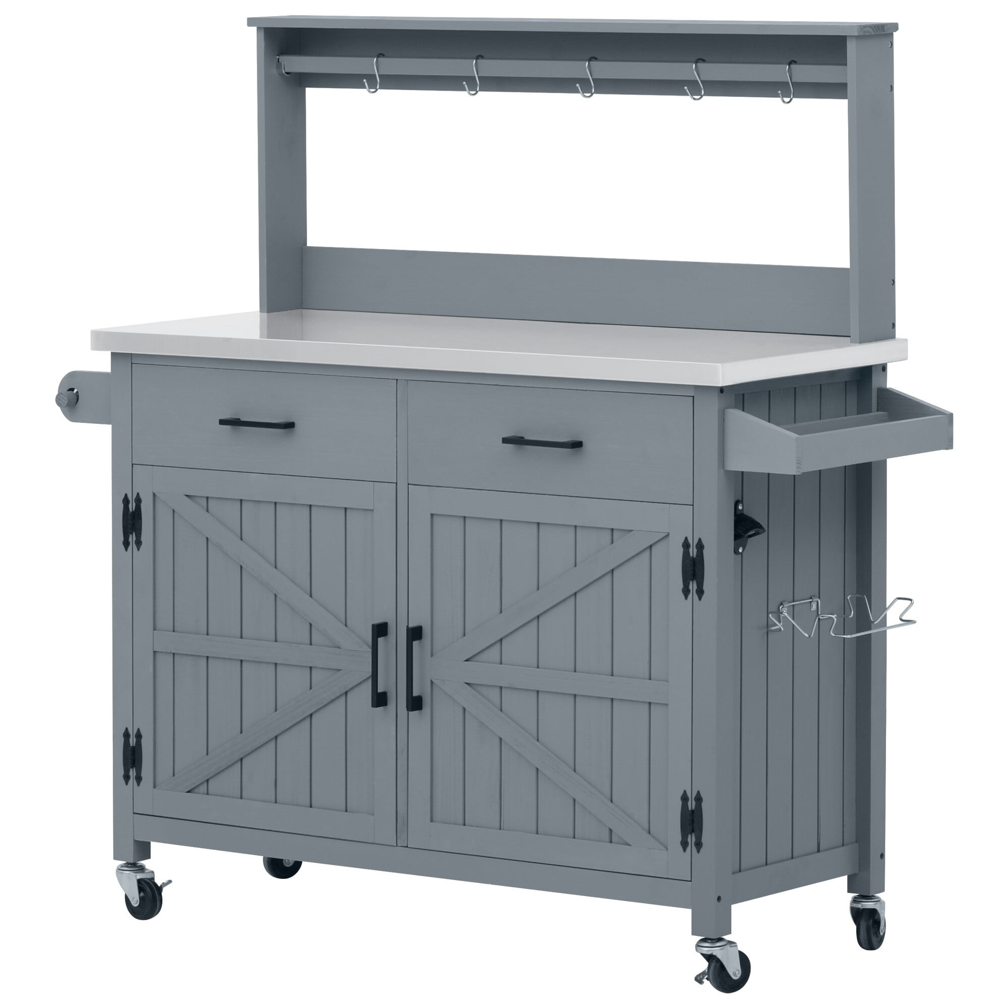 AENKYO 54" Outdoor Kitchen Island, Rolling Grill Cart & Potting Bench with Stainless Steel Top, BBQ Prep Station, Blue
