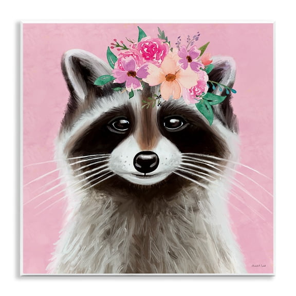Stupell Industries Pink Florals Raccoon Animals & Insects Painting Unframed Art Print Wall Art, 12 x 12