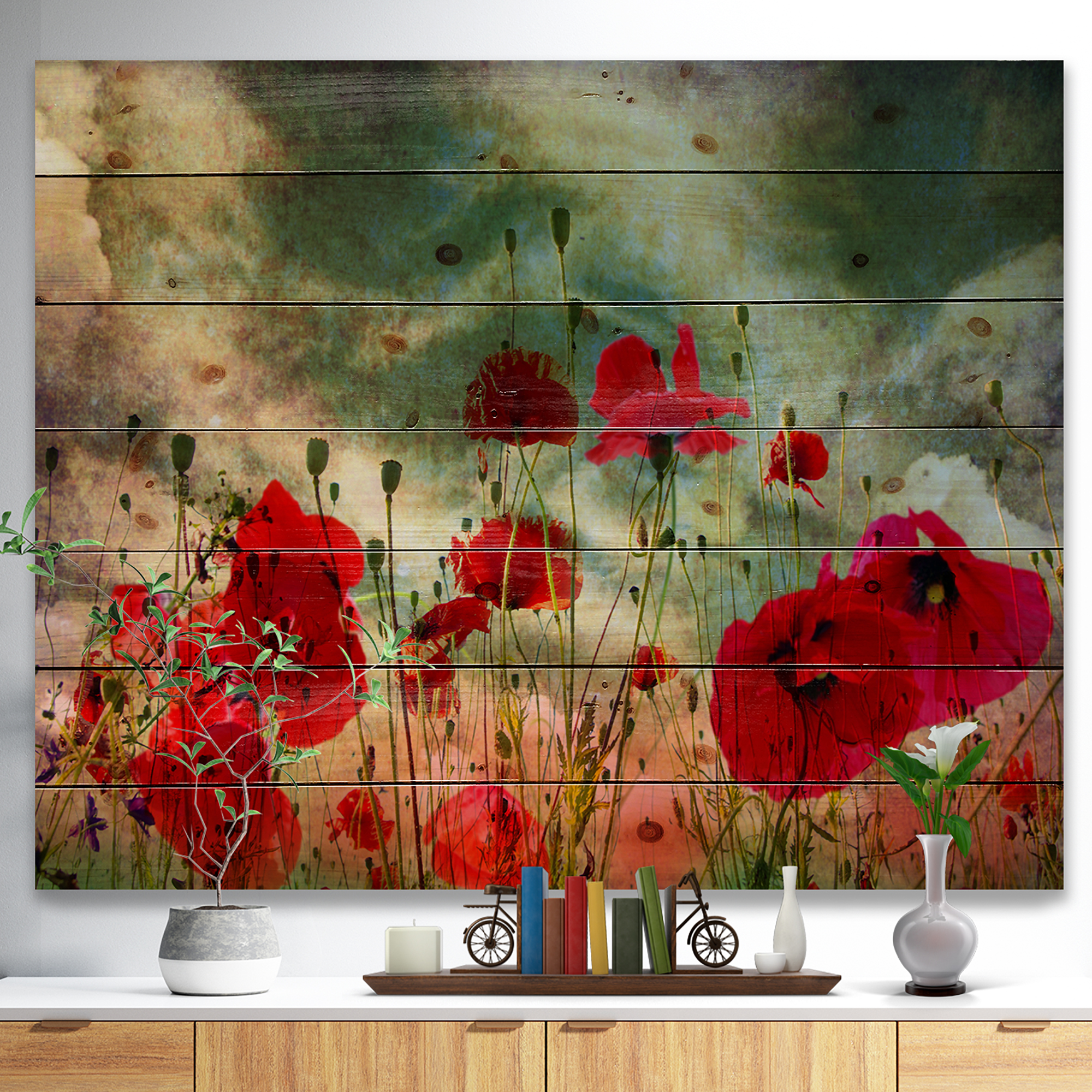 Designart 'Wild Red Poppy Flowers in Sky' Floral Print on Natural Pine Wood