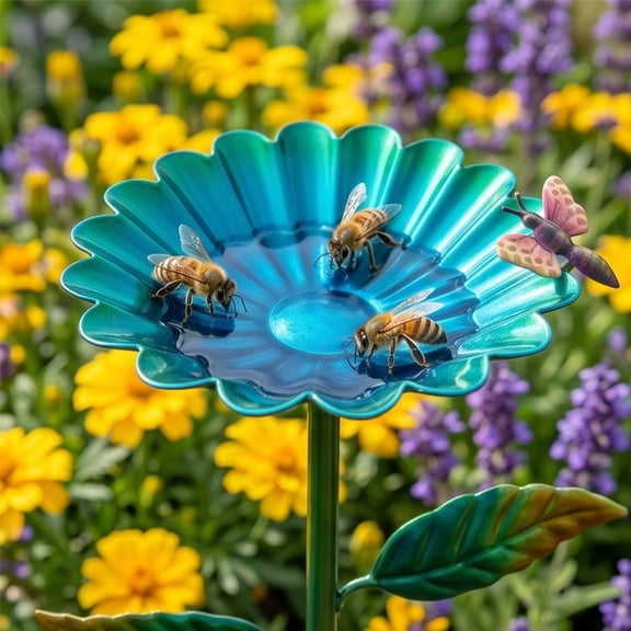 Metal Flower Pollinator Water Station with Stake, Waterproof Rustproof Garden Stake Feeder, Bright Floral Design for Bees Birds Butterflies, Outdoor Patio Backyard Pollinator Tool