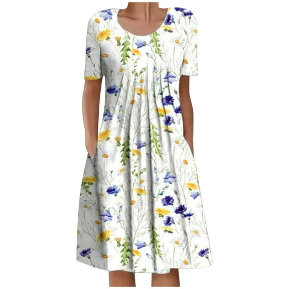 JINMGG Womens Plus Size $5 Women's Round Neck Fashion Casual Floral Print Short Sleeve Pocket Midi Dress White L