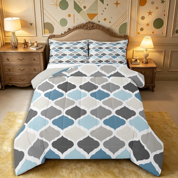 Castle Fairy Boho Geometric Quatrefoil Full Size Comforter Sets 3-Piece,Minimalism Rhombus Grid Bedding Comforter Set,Blue Gray Ivory,Reversible,1 Comforter and 2 Pillowcases