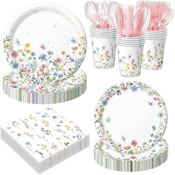 168PCS Wildflower Party Decorations Spring Floral Baby Shower Birthday Decorations Include Plates, Cups, Napkins, Cutlery for Wildflower Baby Shower Tea Decorations, Serve 24