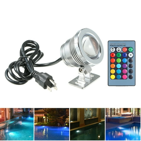 

AC85-265V 10W RGB Underwater Submersible Lamp with Remote Control 16 Colors Changing Flash/ Strobe/ Fade/ Smooth 4 Effects IP65 Water-resistant (most 1m) Design for Pool Aquarium Pond Spr