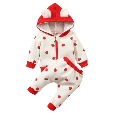 

Baby Girl Birth Gift Cute Fall Outfits for Teen Girls Baby Girls Boys Print Strawberry Autumn Long Sleeve Hooded Jacket Coat Pants Set Clothes 4 Piece Girls Clothes