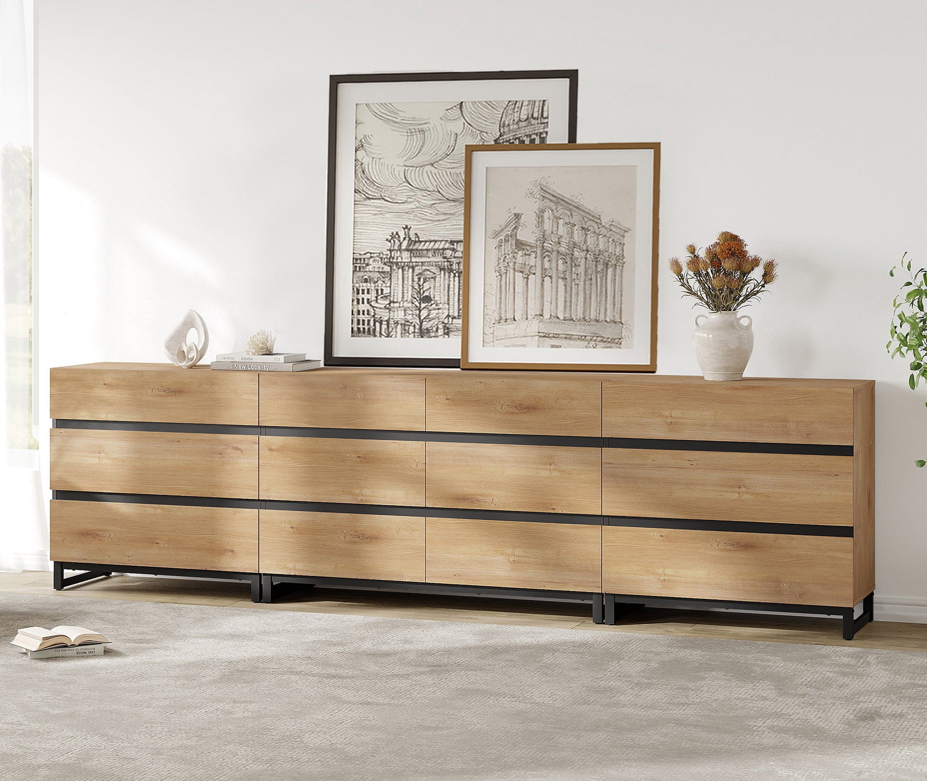 WAMPAT 3 in 1 Dresser for Bedroom, Closet Organizers and Storage with 12 Drawers, Chest of Drawers with Metal Base, Modern Wood Dresser for Bedroom, Light Oak