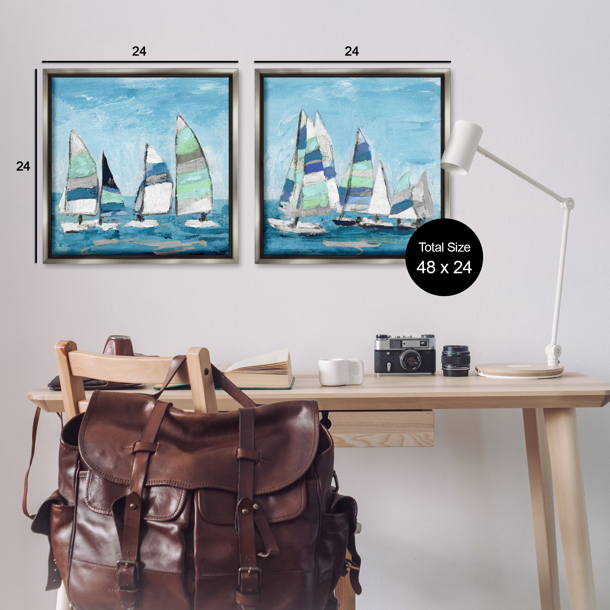 Stupell Industries Soothing Sailboats Drifting Marina Nature Painting Gray Floater Framed Canvas Art Print Wall Art, 25 x 25, Set of 2