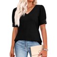 thumbnail image 2 of Womens Tops Short Sleeve Shirts Buttons V Neck Spring Fashion Summer Outfits Plus Size Dressy Casual Blouses Black 2XL, 2 of 5