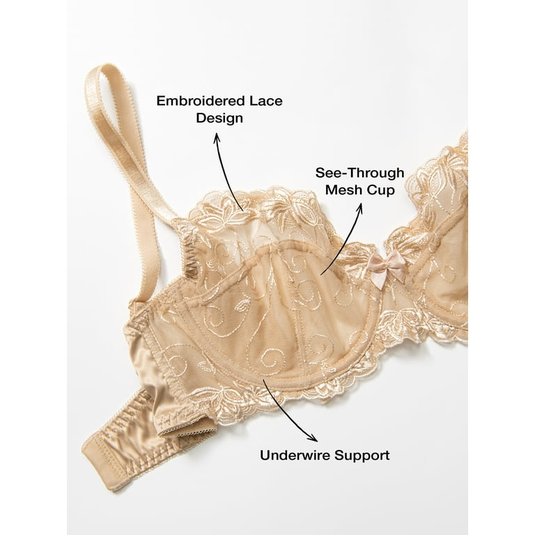 Deyllo Women's Sheer Lace Non Padded Full Cup Underwire Plus Size Bra,  Beige 40D