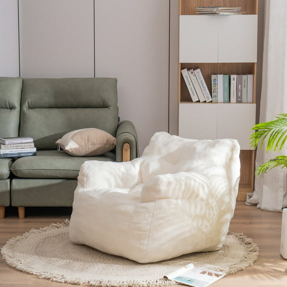 Bellemave Modern Bean Bag Chair for Kids and Adults Teddy Fabric Upholstered Soft Sofa Chair Foam Filled Bean Bag Chair Comfortable Couch for Living Room, Bedroom, Ivory White