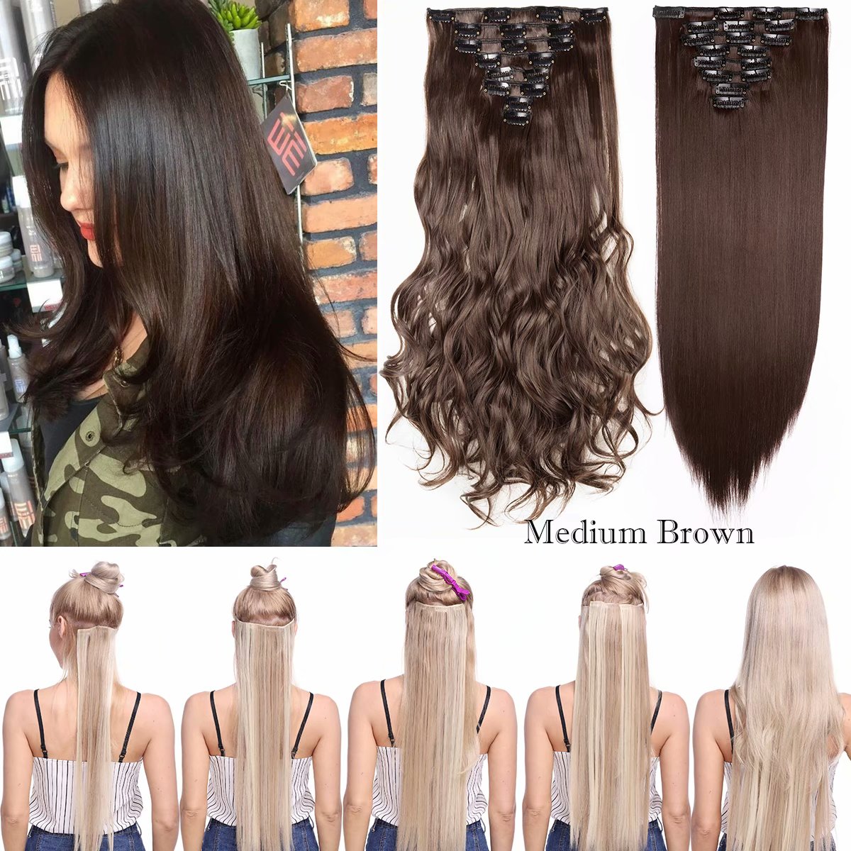 Benehair Clip in Hair Extensions Full Head Long Thick 8 Pieces Hair 18 Clips Curly Wavy Straight Hairpieces 100% Real Natural as Human Best Hair Set 17'' Curly Medium Brown - image 3 of 11