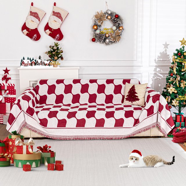 Funda de sofá MEETSKY Christmas roja para sofá de 2 plazas 180 x 300 cm