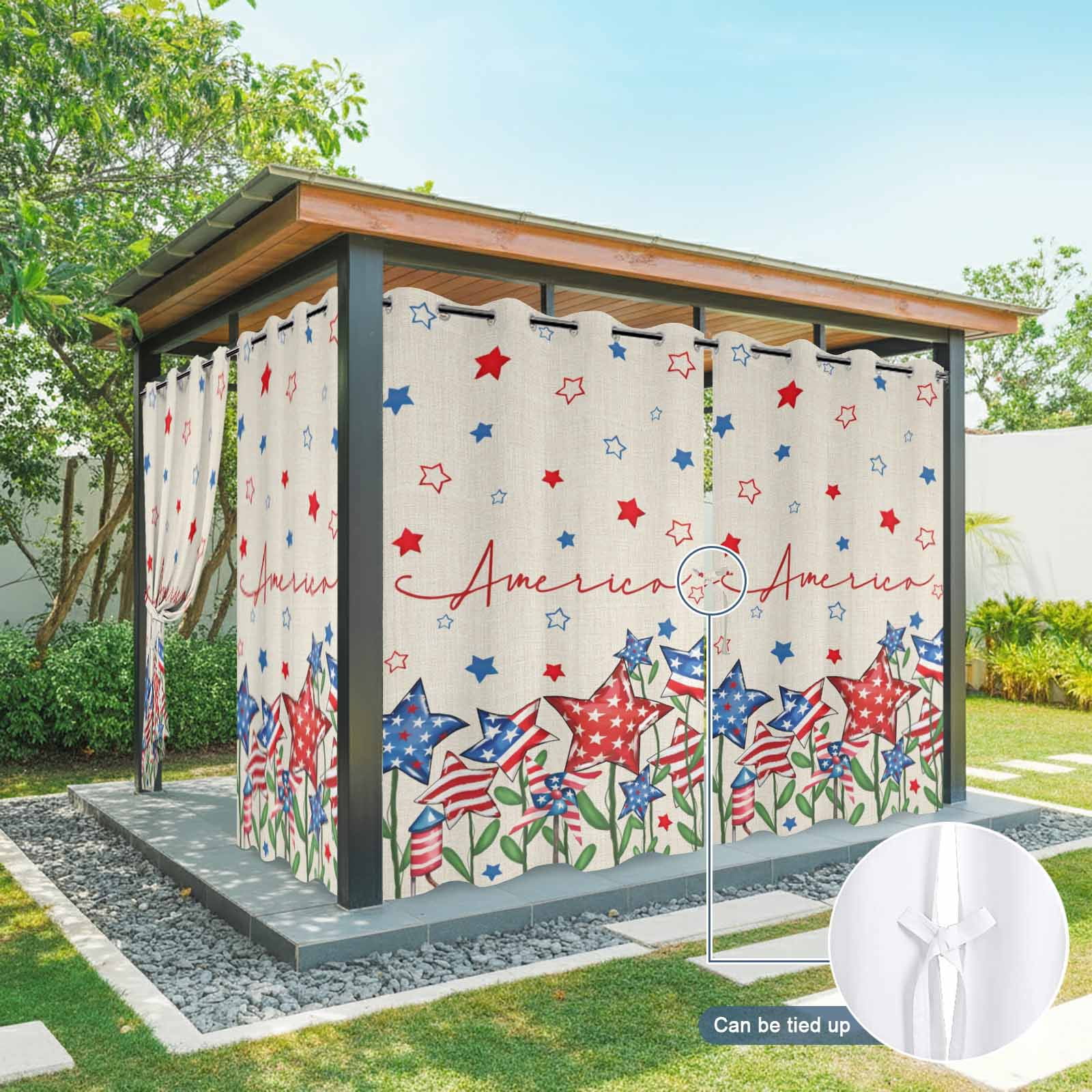 Independence Day Star Outdoor Curtains for Patio, Modern Blue Red American Stars Plant Linen Texture Sunshade Privacy Drapes Grommet Waterproof Outside Curtains for Porch Balcony 54"x95", 2 Panel