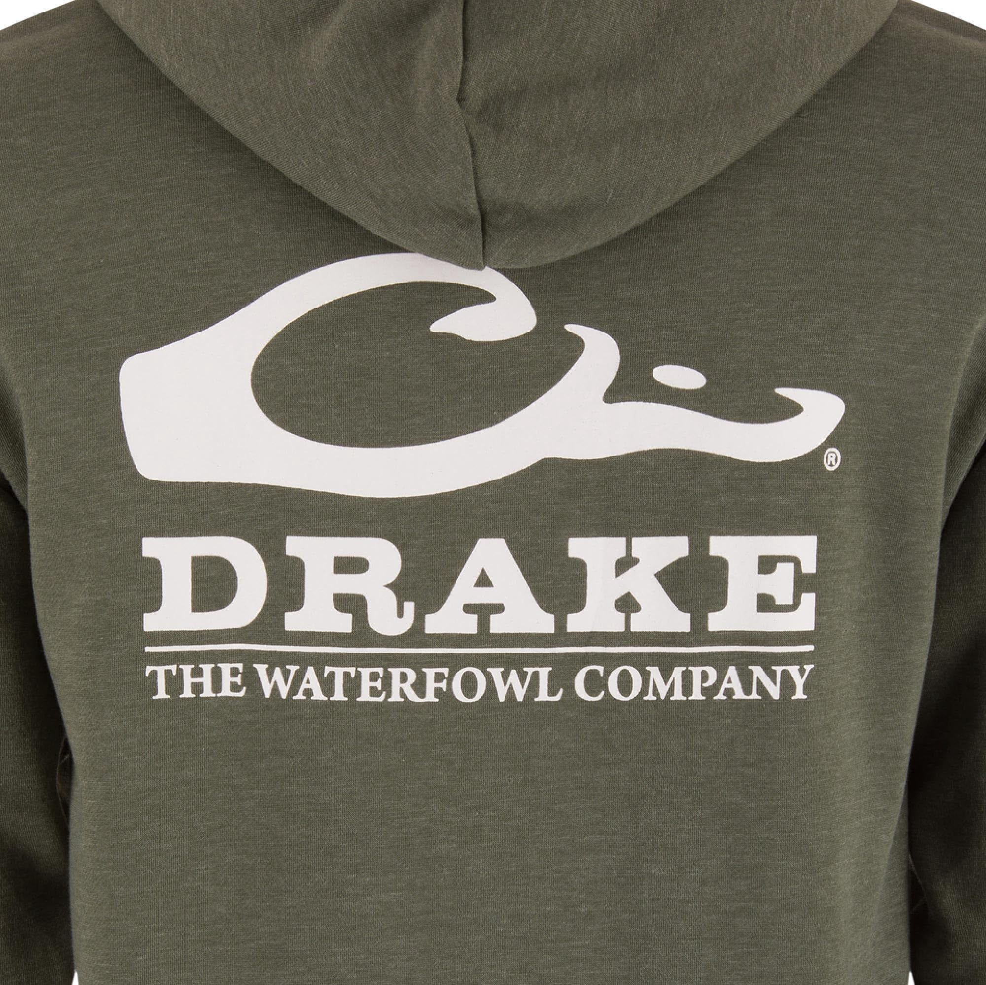 Drake Waterfowl Men's Logo Hoodie ? Midweight Cotton-Poly Fleece Pullover with Jersey-Lined Hood, Deep Depths Dark Heather, Medium