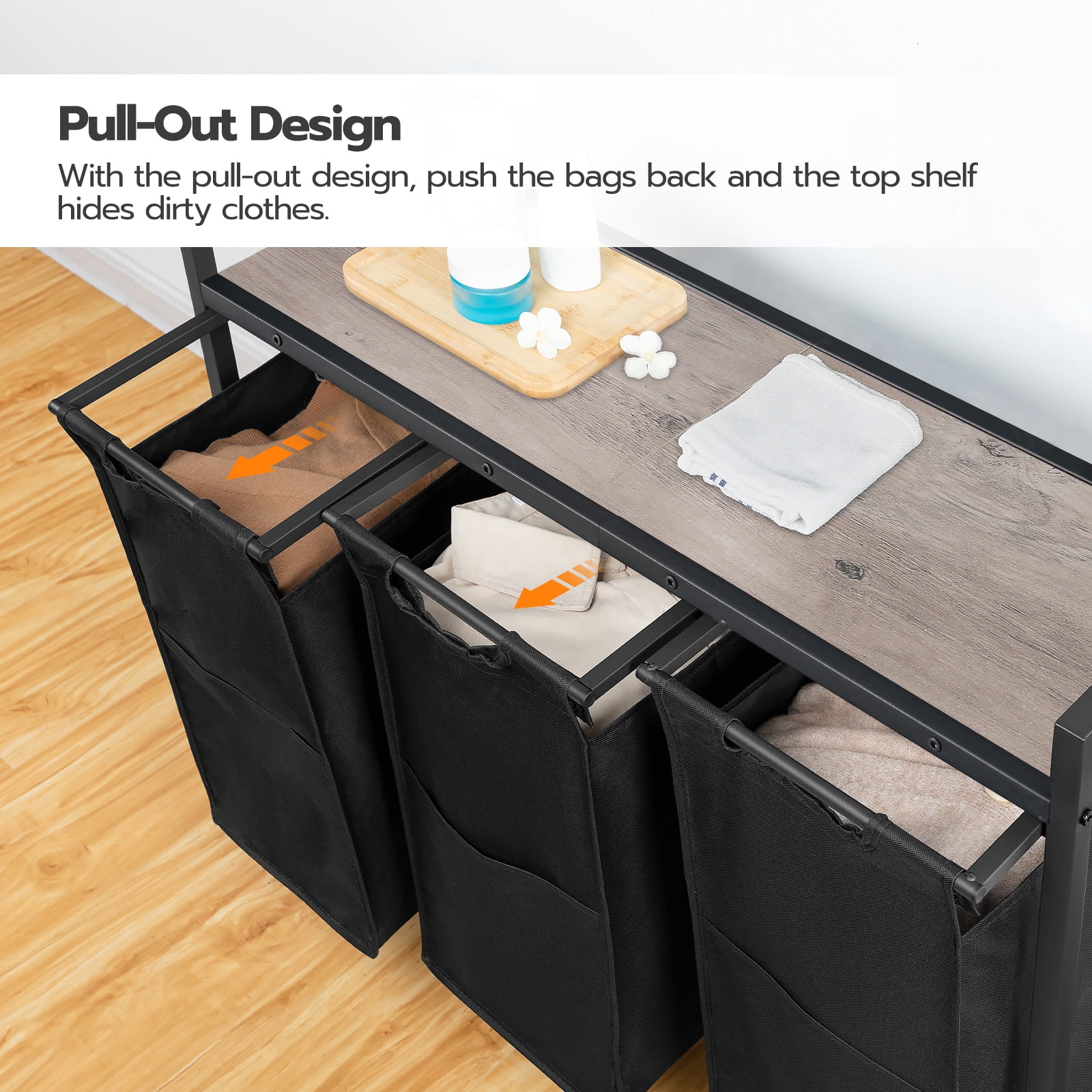 HOOBRO 3-Section Laundry Sorter with Wheels, 3 x 11.5 Gal, Removable Bags, Greige and Black