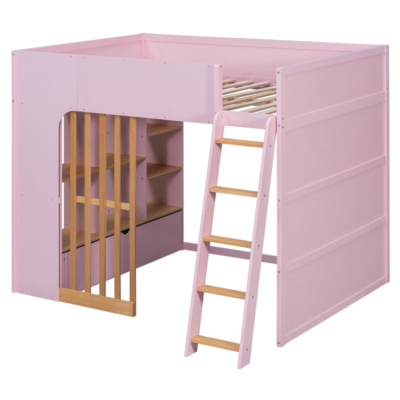 Full Size Kids Loft Bed with Shelves, Wooden High Profile Teens Storage Bed Frame with Ladder and Removable Large Drawer