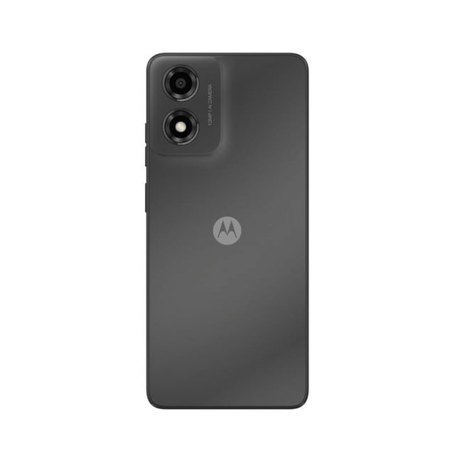 motorola e14 dual sim 2gb ram + 64gb almacenamiento liberado smartphone negro, vista trasera centrada con dos cámaras en módulo superior izquierdo y logotipo Motorola en el centro; acabado mate y bordes redondeados, según ficha técnica 13MP cámara principal, batería de 5000 mAh y Android 14 (Go Edition).