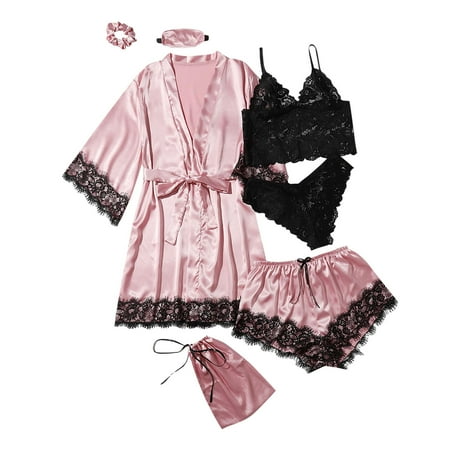 

Dadaria Plus Size Pajamas for Women Plus Size Lingerie Silk Robe Satin Bathrobe Seven-piece Set Sleepwear Pajamas Pink XL Women