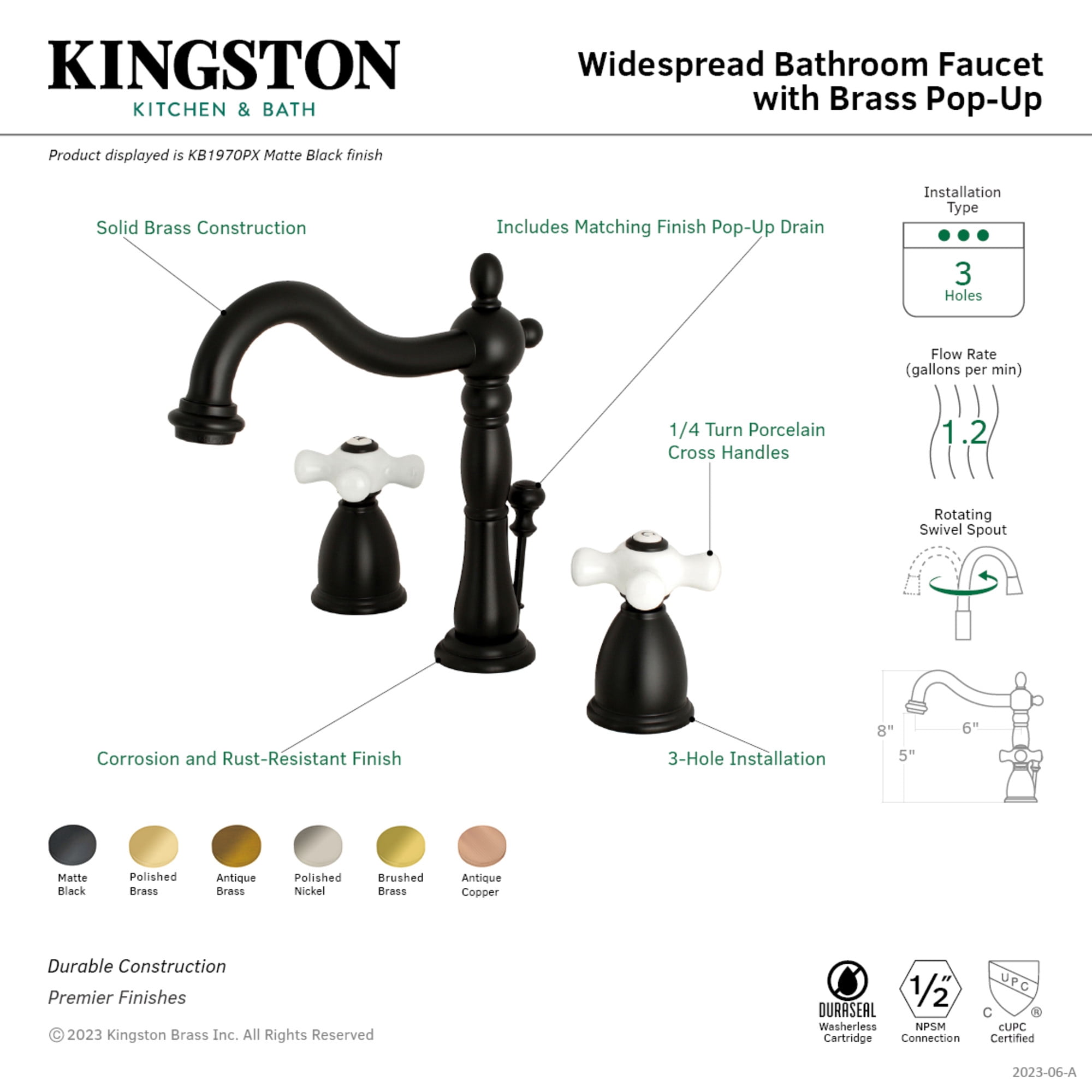 Kingston Brass KB197PXAC Heritage Widespread Bathroom Faucet with Brass Pop-Up, Antique Copper