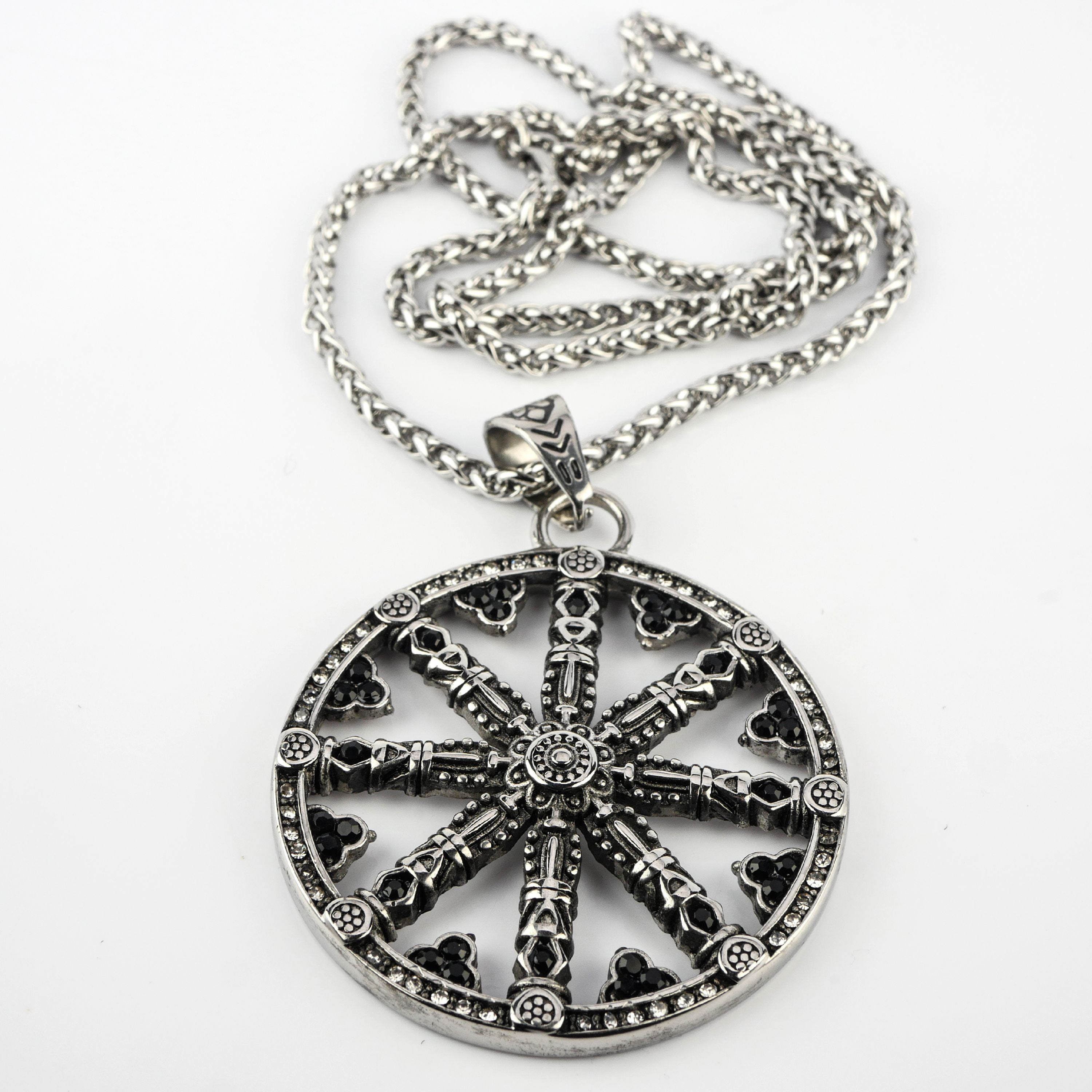 "wheel of karma' amazing stainless steel encrusted hand made pendant