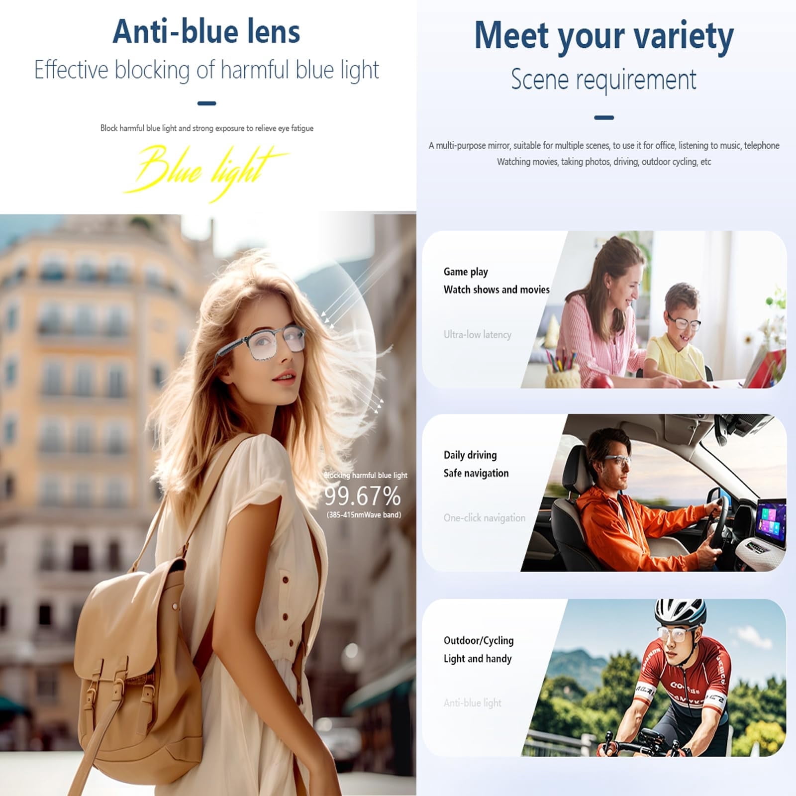 Smart Glasses with AI,Metal Smart Glasses with 144+ Languages Real-Time Translation, Touch Control, Voice Assistant, Anti-Blue Light, Smart Music Glasses for Business, Travel & Students (Black)