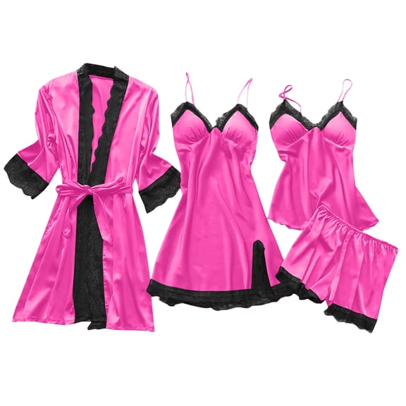Ladies' Sexy Camisole With Built-in Bra Pajama Robe 4-Piece Set Loungewear Fuchsia Size XXXL